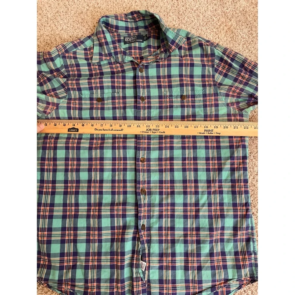 Vintage Polo Ralph Lauren Men Button Down Shirt Large Teal Plaid Dual Pockets